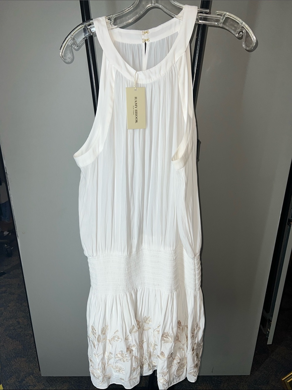 Ramy Brook White Sleeveless Mini Dress with Embroidered Hem